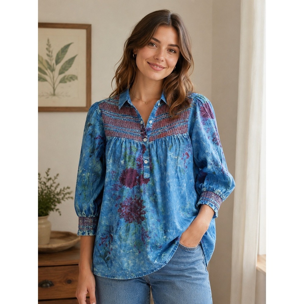 NWT Vintage Goa Top Womens Sz S Blue Floral Mineral Wash Boho Watercolor Smocked